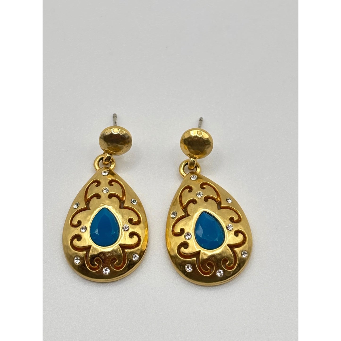 Brighton Versailles Jupiter Gold & Blue Teardrop Earrings With Intricate Scrollwork & Crystal Accents