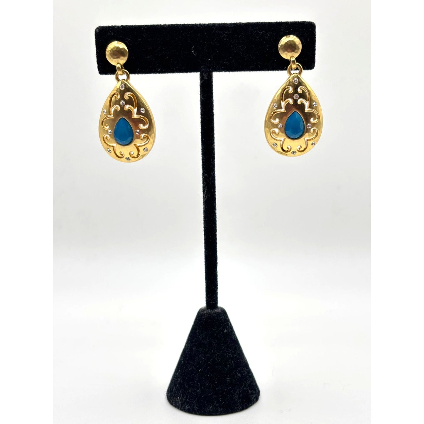 Brighton Versailles Jupiter Gold & Blue Teardrop Earrings With Intricate Scrollwork & Crystal Accents