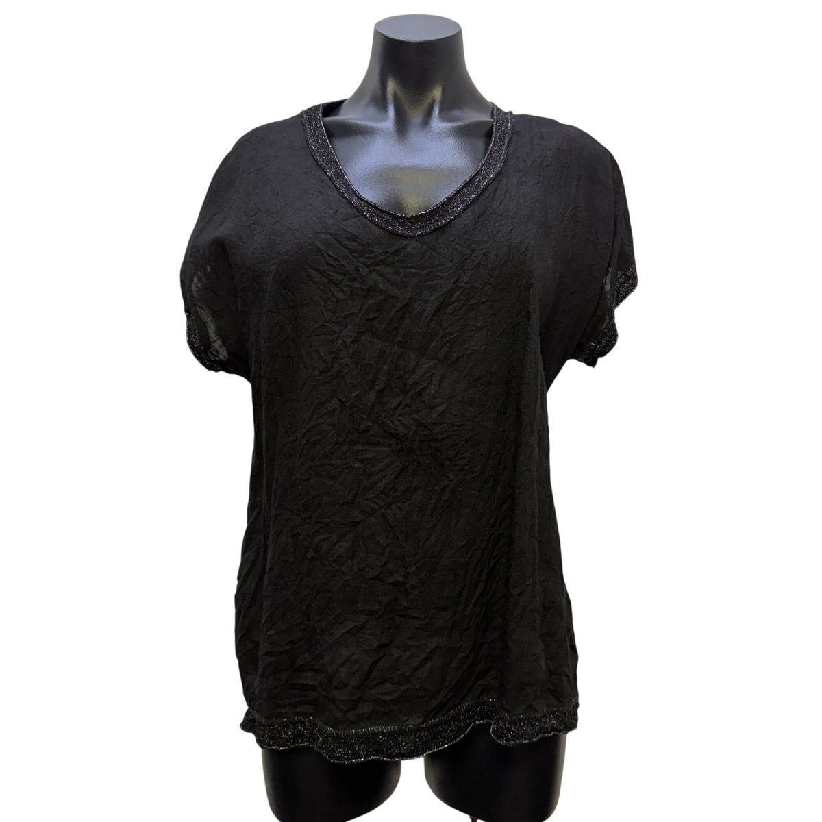 Tempo Paris Black Linen Blouse With Glitter Trim Size S