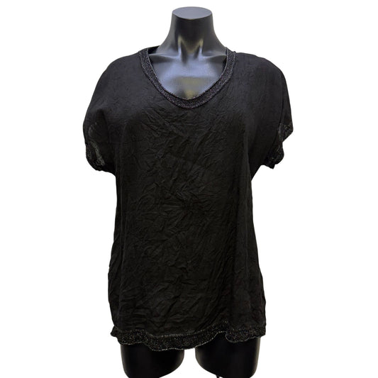 Tempo Paris Black Linen Blouse With Glitter Trim Size S