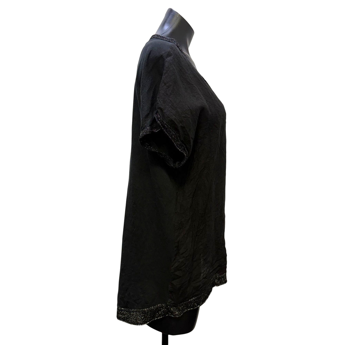 Tempo Paris Black Linen Blouse With Glitter Trim Size S