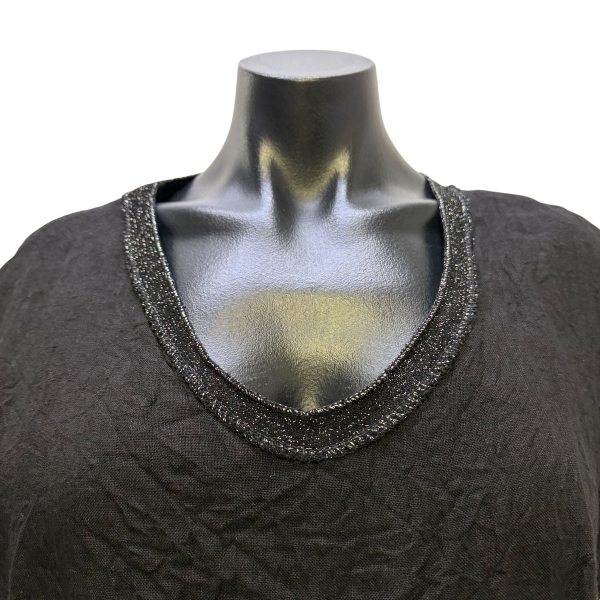 Tempo Paris Black Linen Blouse With Glitter Trim Size S