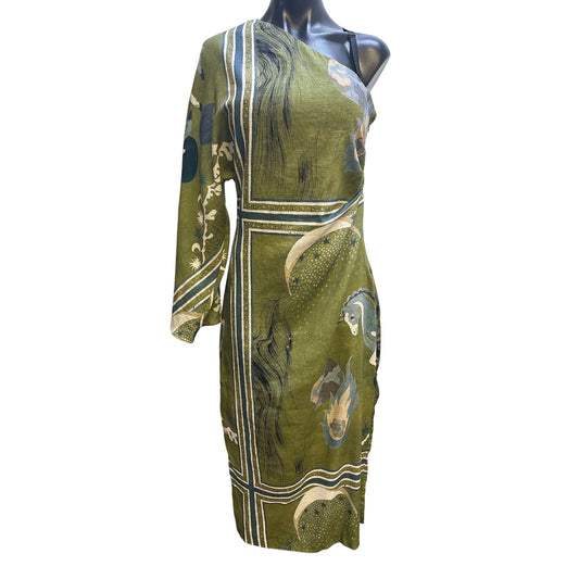 NWT ZARA One-Shoulder Asymmetrical Midi Dress w/Abstract Print In Green Size M