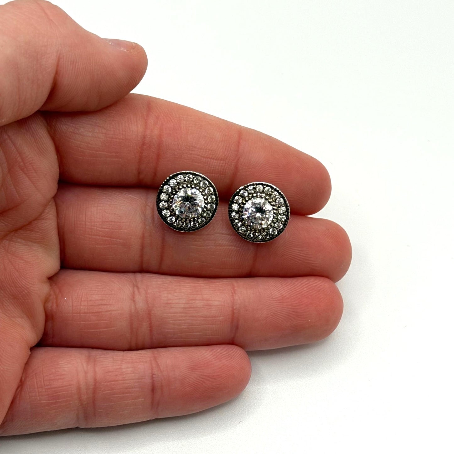 925 Sterling Silver Round Stud Earrings With Cubic Zirconia Halo Design
