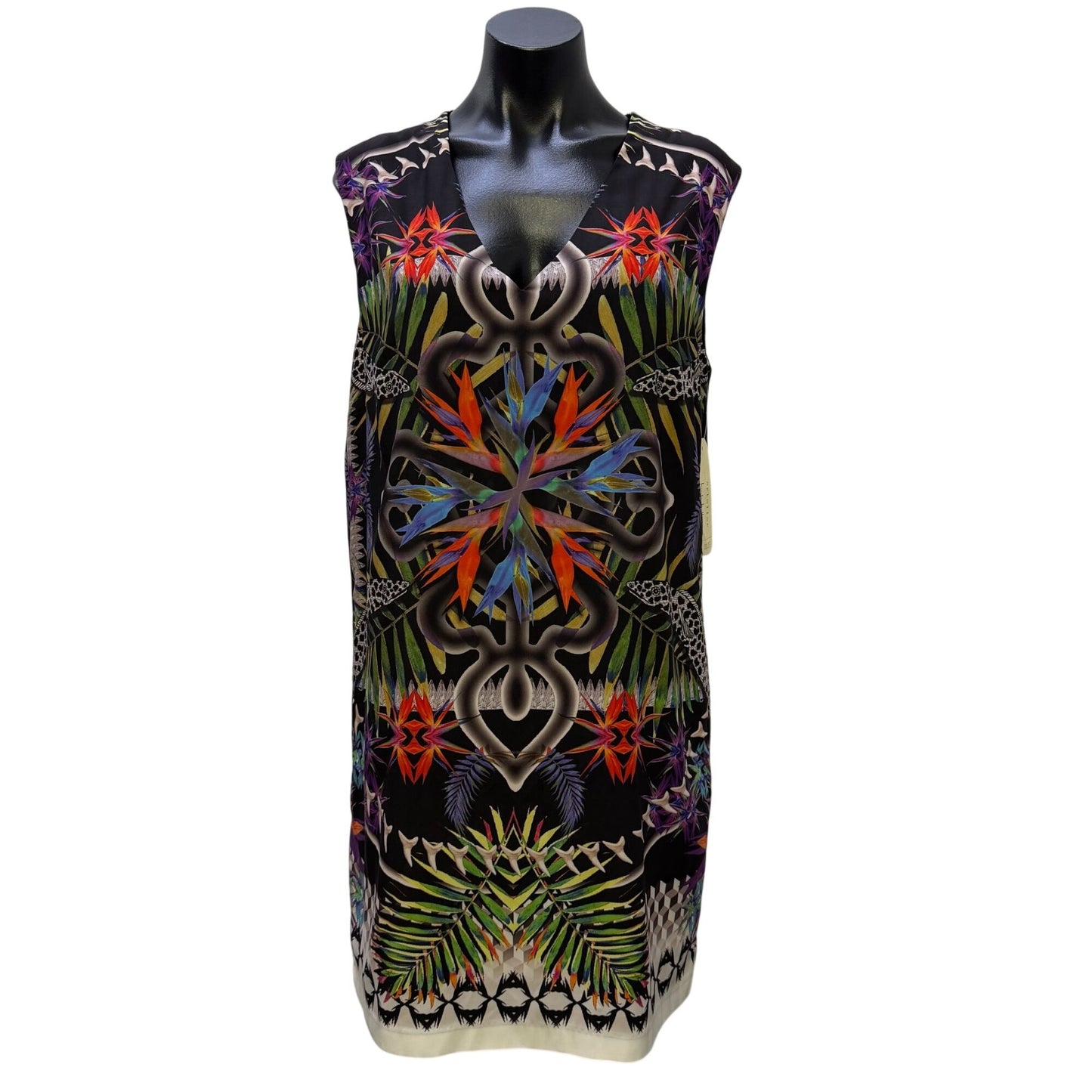 Artelier Nicole Miller Black Multi Tropical Print Sleeveless Dress L
