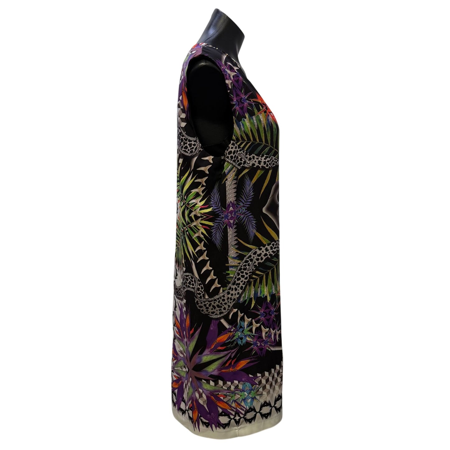 Artelier Nicole Miller Black Multi Tropical Print Sleeveless Dress L
