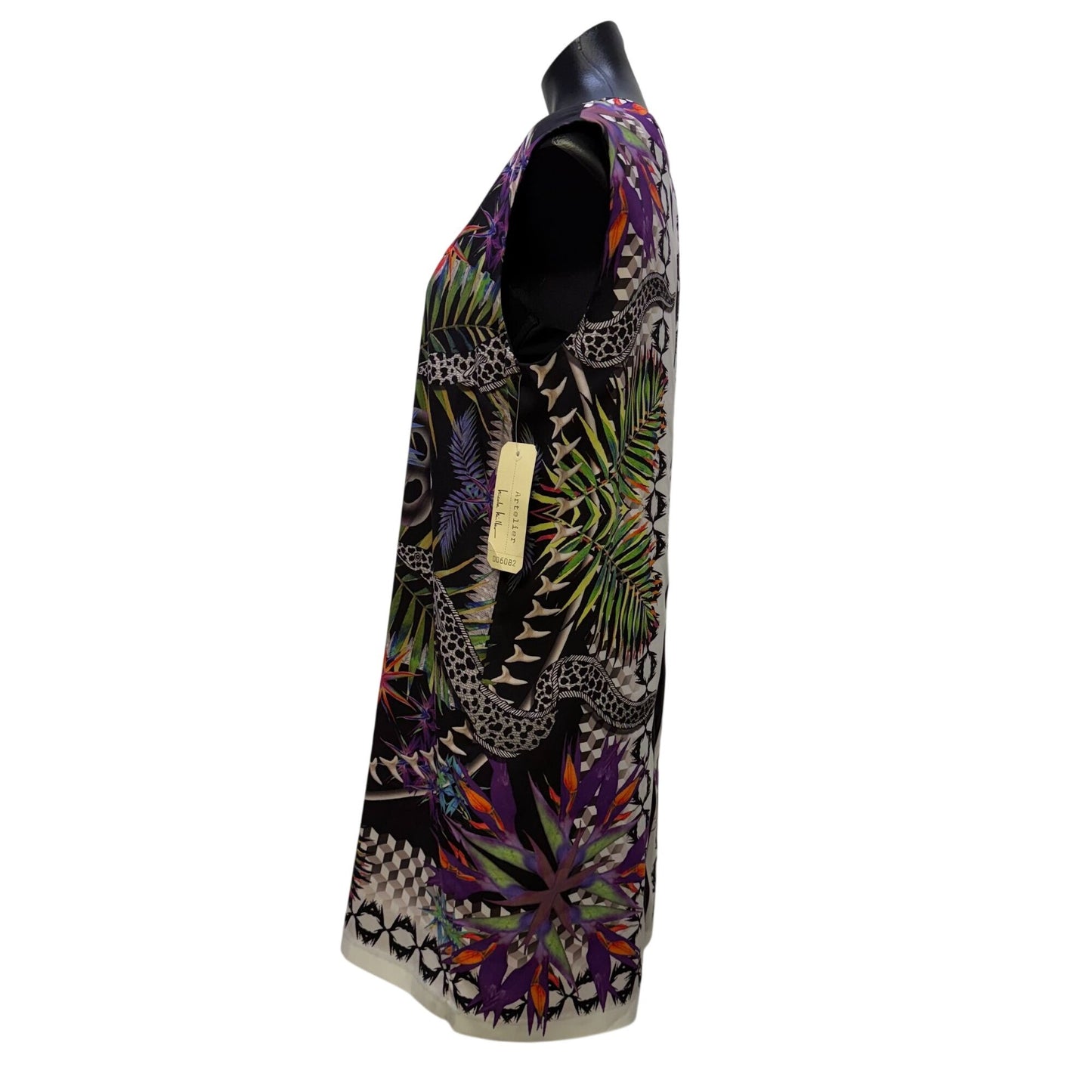 Artelier Nicole Miller Black Multi Tropical Print Sleeveless Dress L