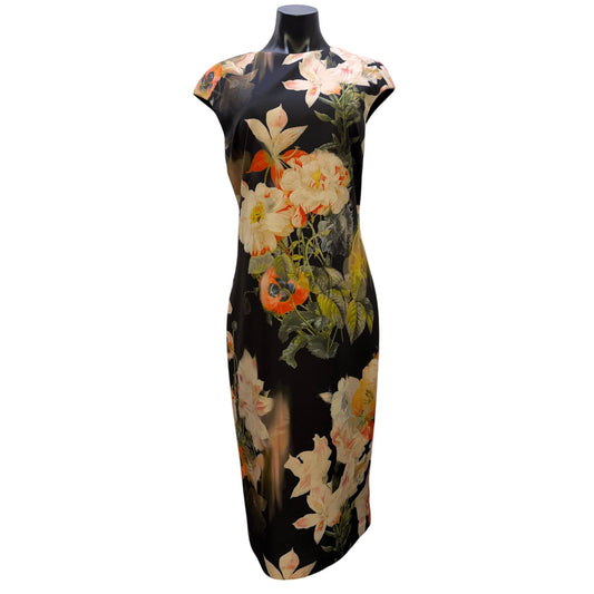 Ted Baker London Floral Print Black Multi Midi Dress Size 4