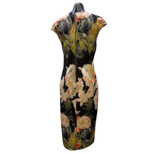 Ted Baker London Floral Print Black Multi Midi Dress Size 4