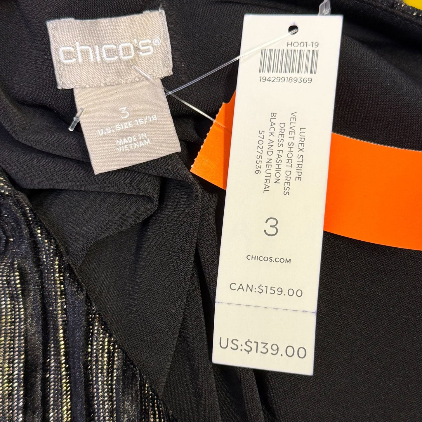 NWT Chico's Black & Gold Lurex Stripe Velvet Dress Size 3