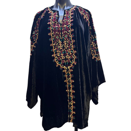 Embroidered Black Velvet Kaftan Style Top With Colorful Patterns XL