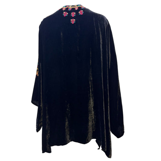 Embroidered Black Velvet Kaftan Style Top With Colorful Patterns XL