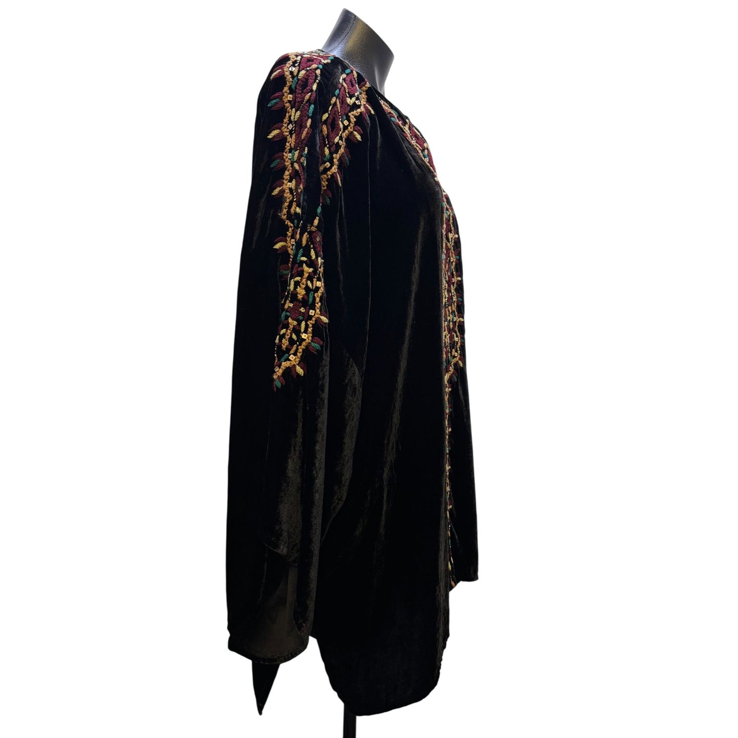 Embroidered Black Velvet Kaftan Style Top With Colorful Patterns XL