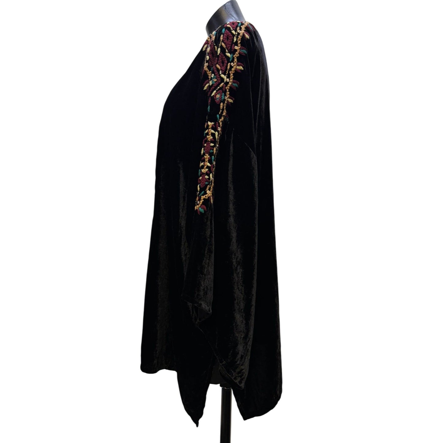 Embroidered Black Velvet Kaftan Style Top With Colorful Patterns XL