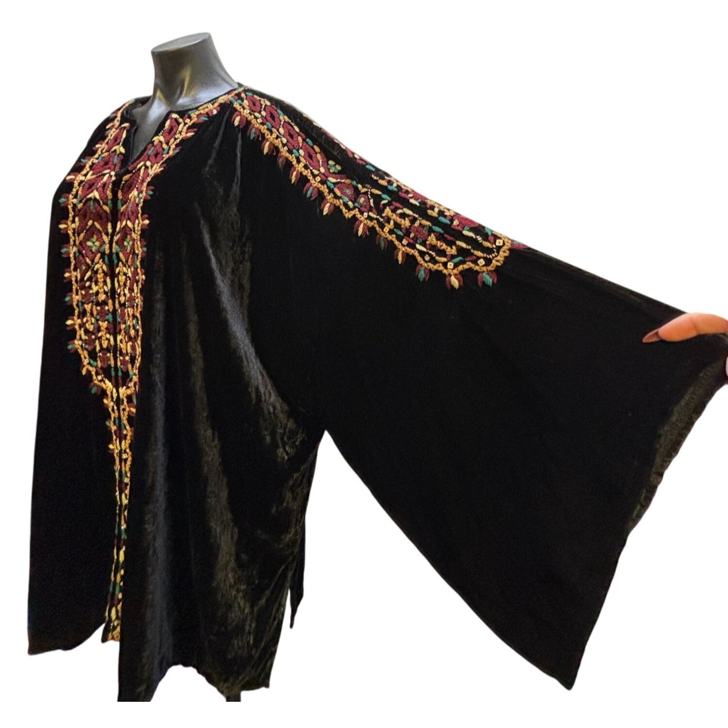 Embroidered Black Velvet Kaftan Style Top With Colorful Patterns XL