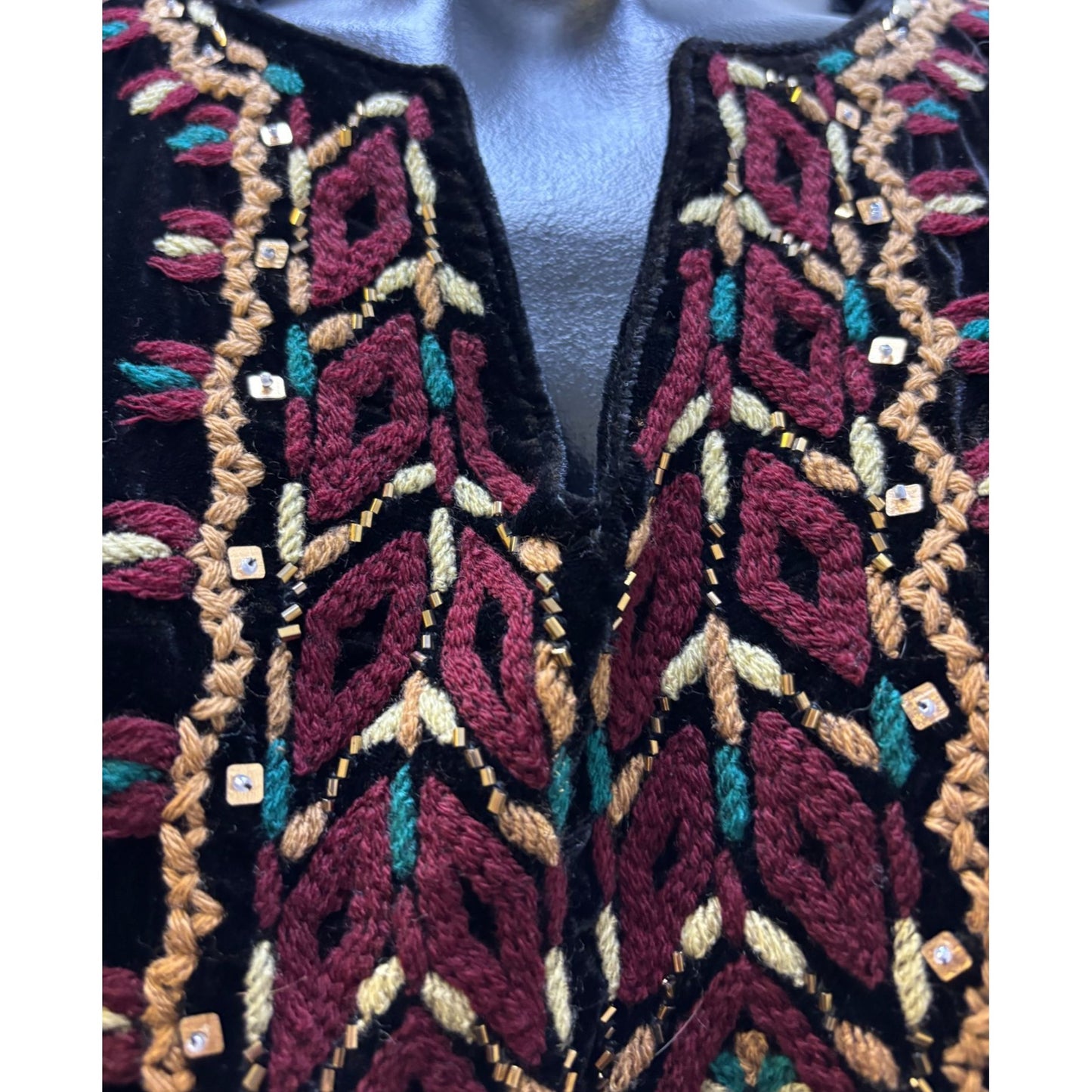 Embroidered Black Velvet Kaftan Style Top With Colorful Patterns XL