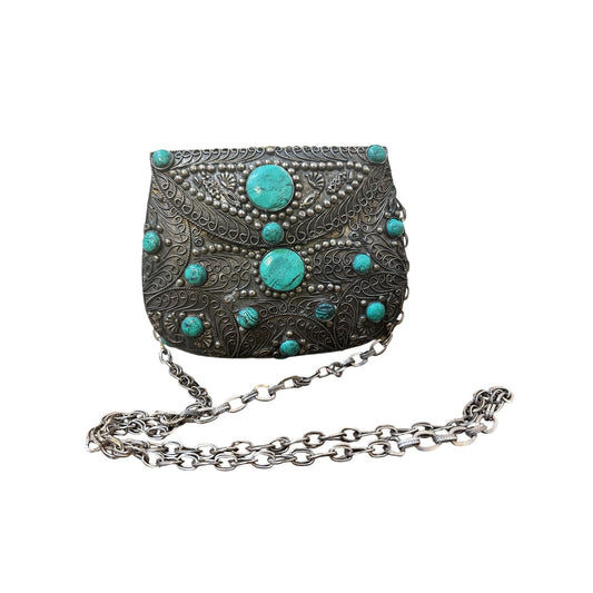 Vintage Ornate Silver Metal Chain Bag w/Turquoise Stone Accents