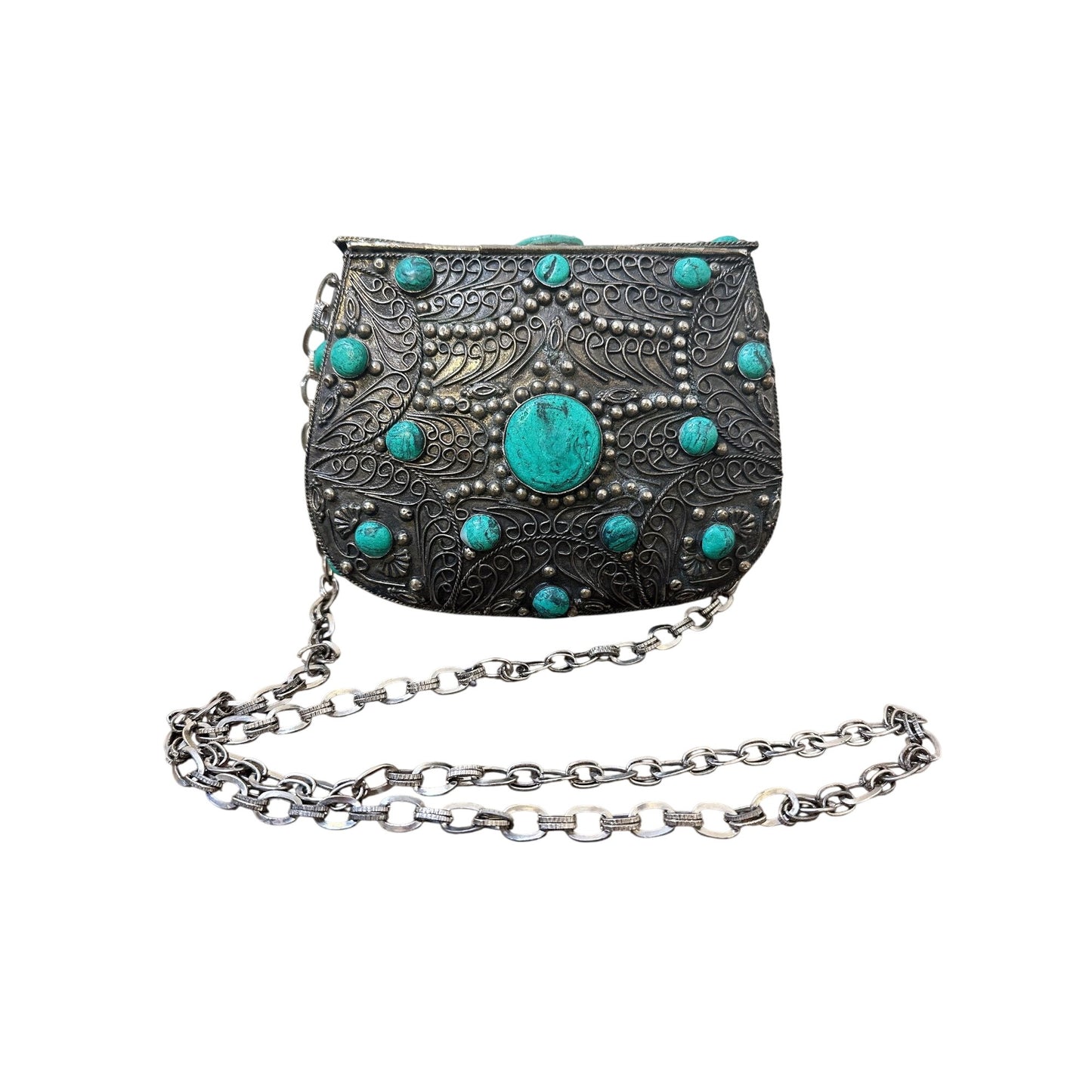 Vintage Ornate Silver Metal Chain Bag w/Turquoise Stone Accents