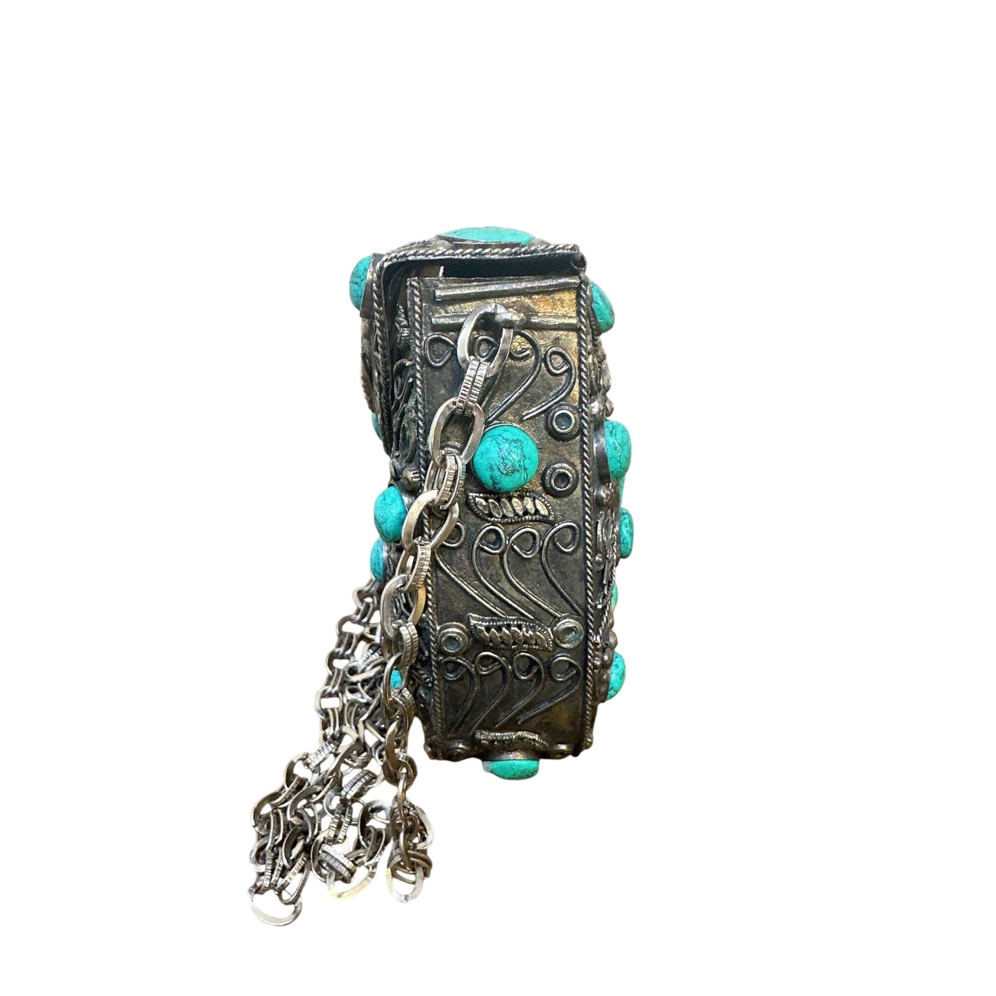 Vintage Ornate Silver Metal Chain Bag w/Turquoise Stone Accents