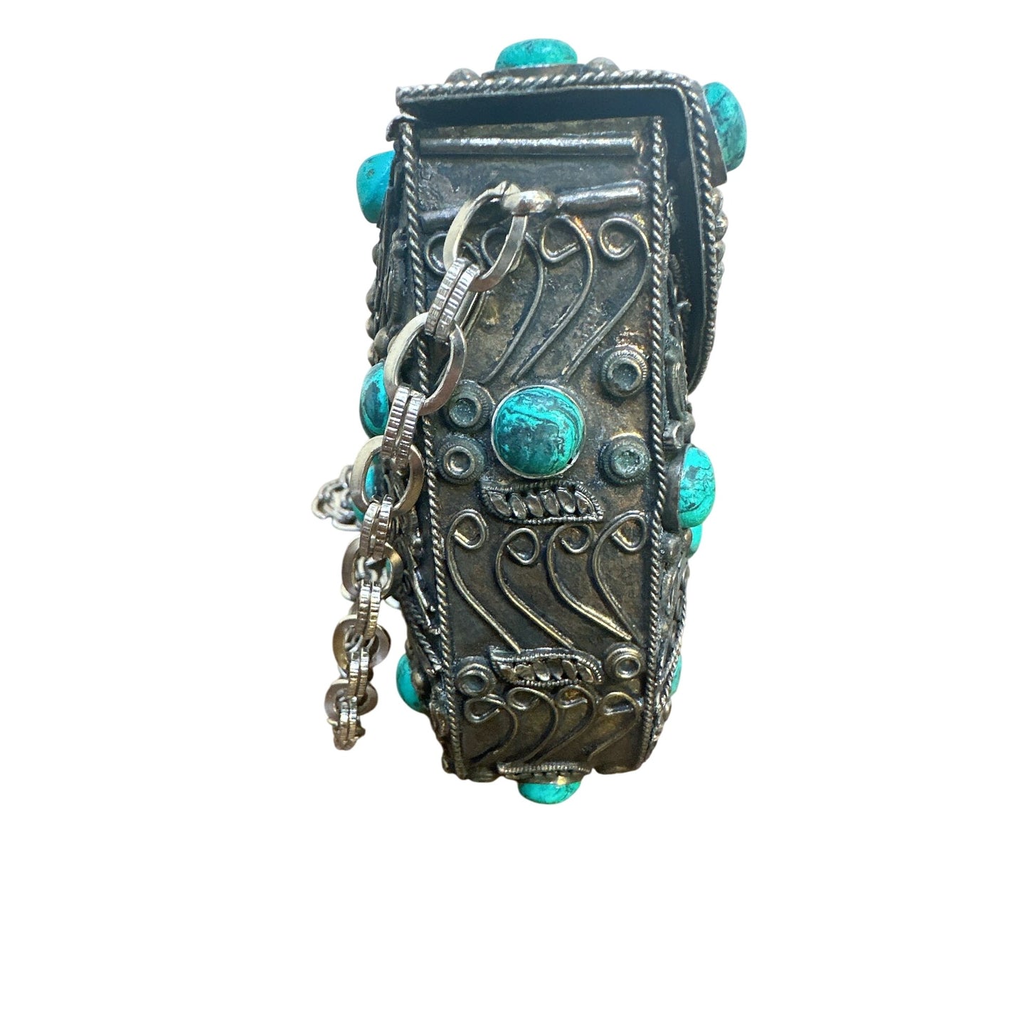 Vintage Ornate Silver Metal Chain Bag w/Turquoise Stone Accents