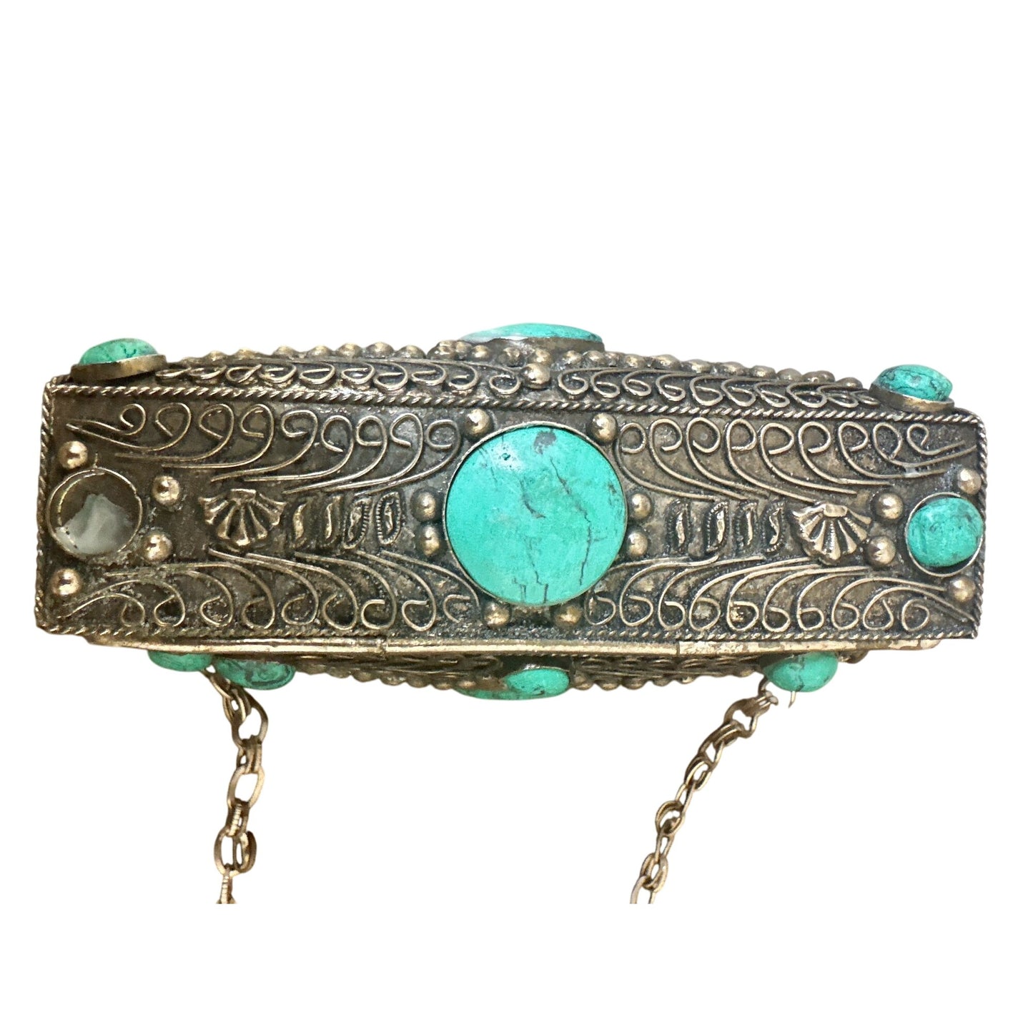 Vintage Ornate Silver Metal Chain Bag w/Turquoise Stone Accents