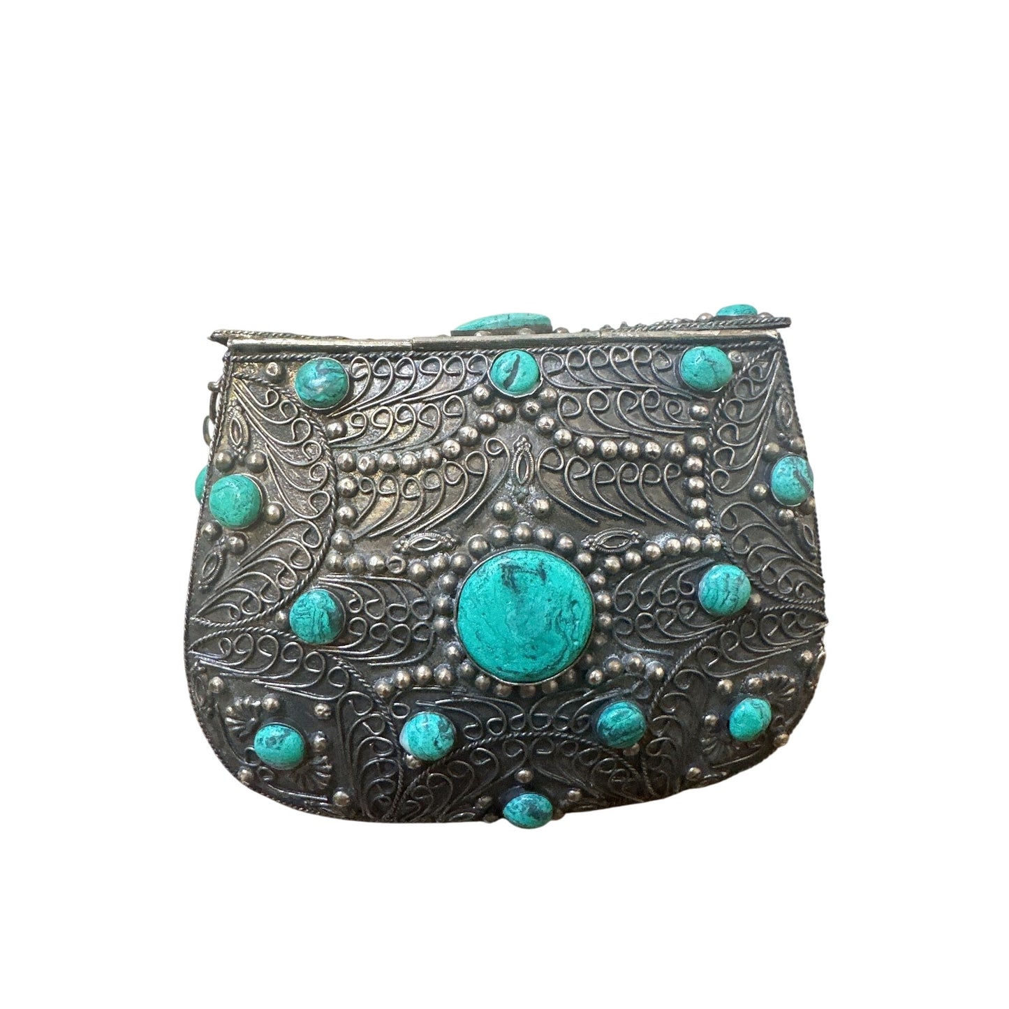 Vintage Ornate Silver Metal Chain Bag w/Turquoise Stone Accents