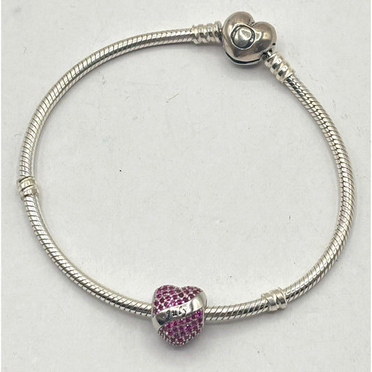 Pandora 925 Sterling Silver Heart July Birthstone Charm Bracelet