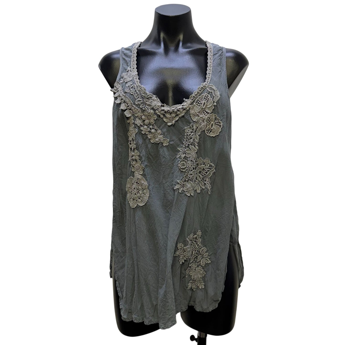 Johnny Was Lace-Trimmed Gray Tank Top With Floral Crochet Details M