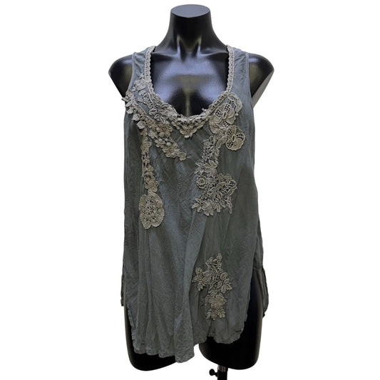 Johnny Was Lace-Trimmed Gray Tank Top With Floral Crochet Details M