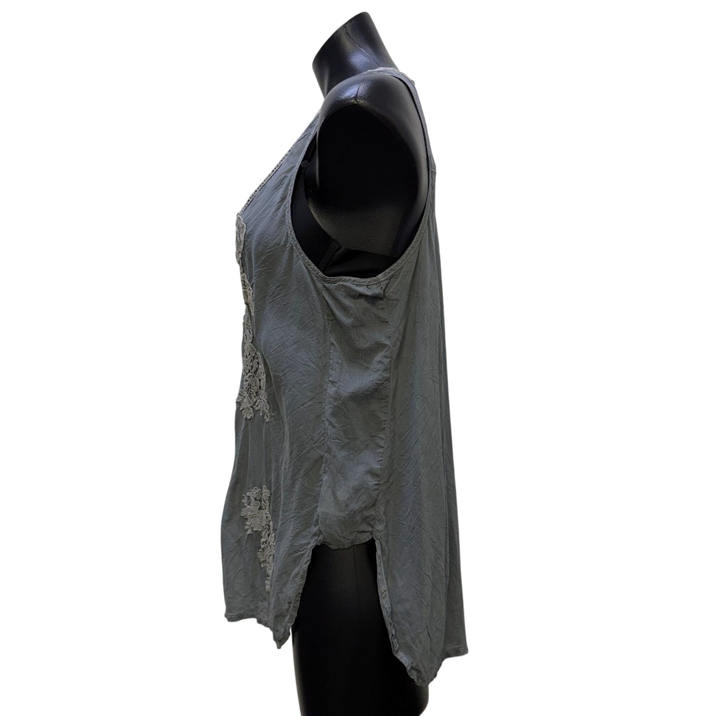 Johnny Was Lace-Trimmed Gray Tank Top With Floral Crochet Details M