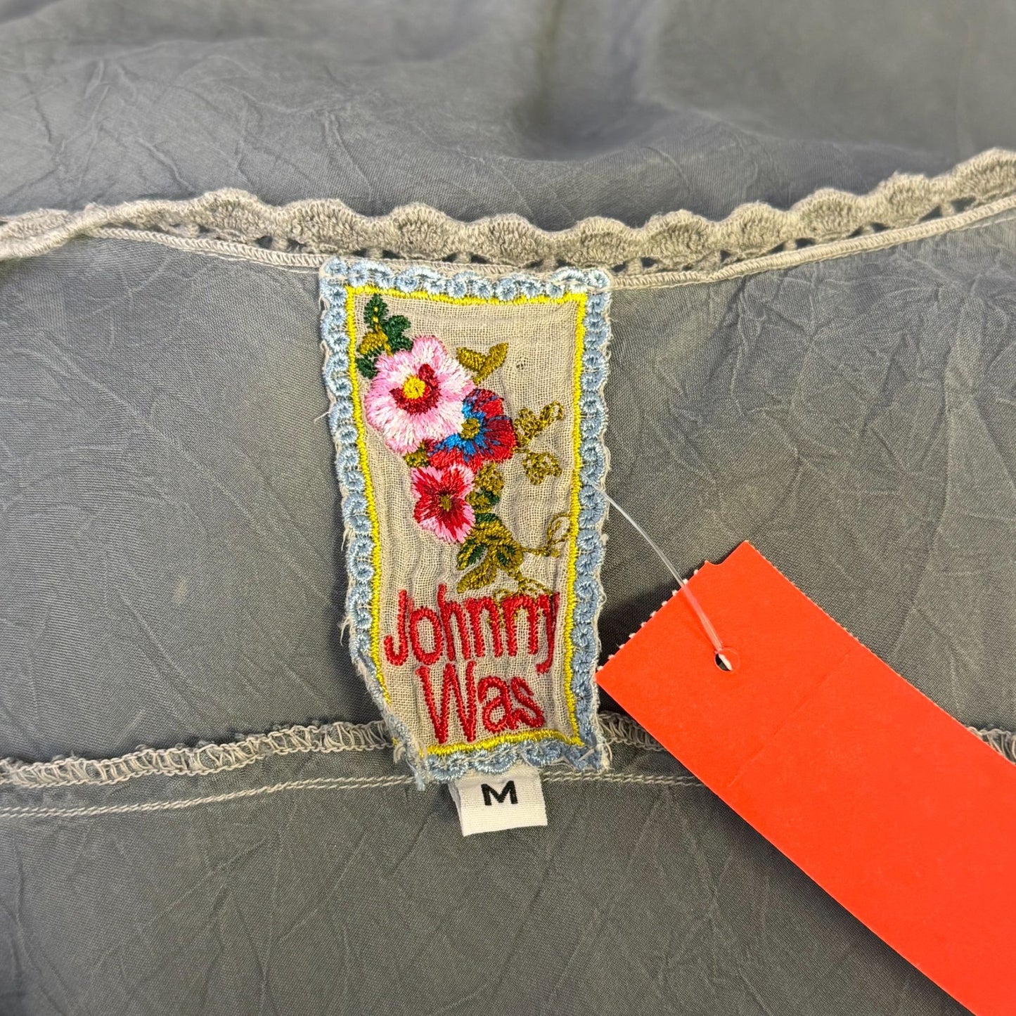 Johnny Was Lace-Trimmed Gray Tank Top With Floral Crochet Details M