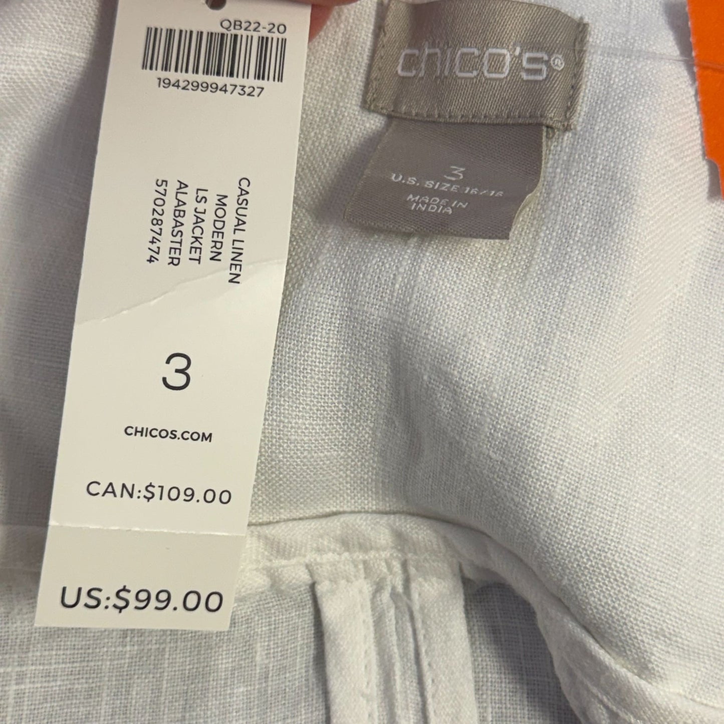 NWT Chico's Linen Jacket White 3/XL