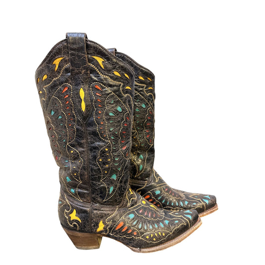 Corral Vintage Leather Butterfly Inlay Western Boots w/Multicolor Accents Square Toe Size 8.5