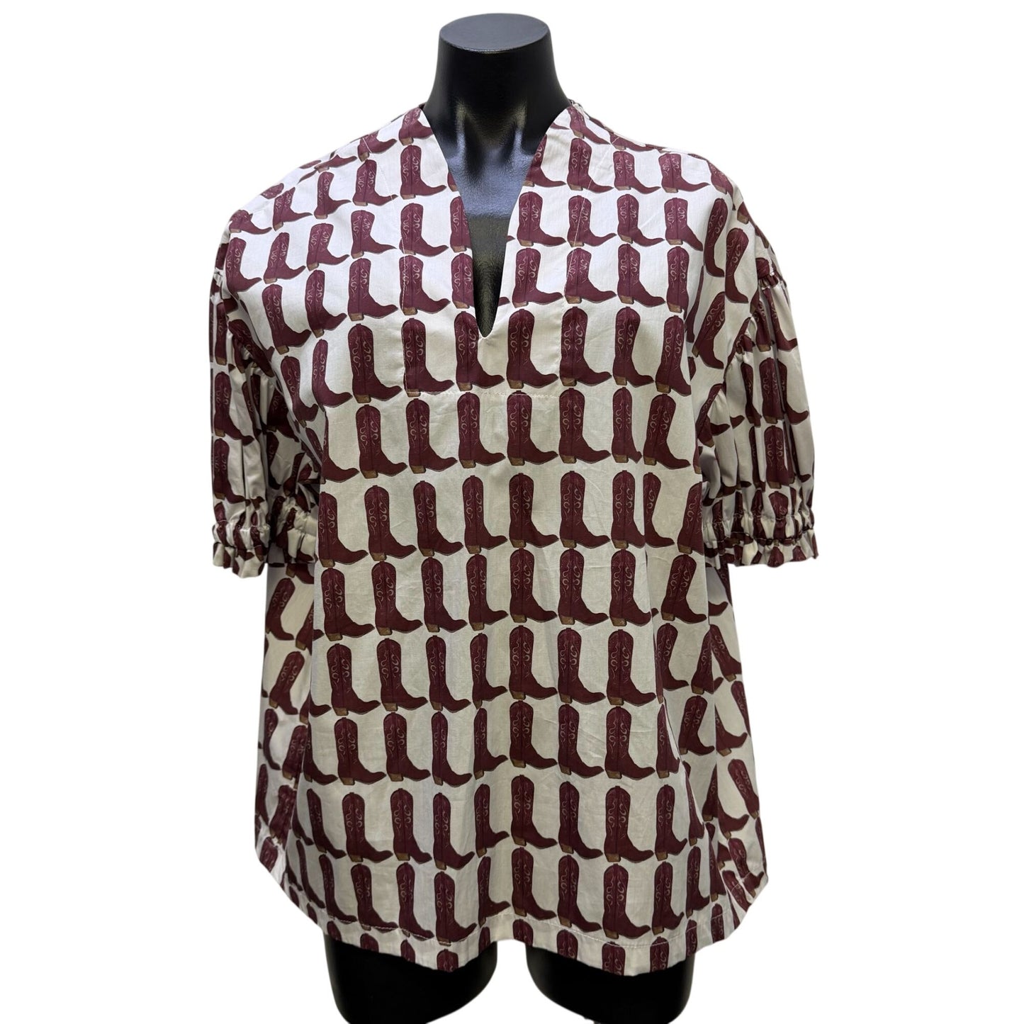 Brooke Wright Cowboy Boot Print Blouse White & Burgundy L/XL