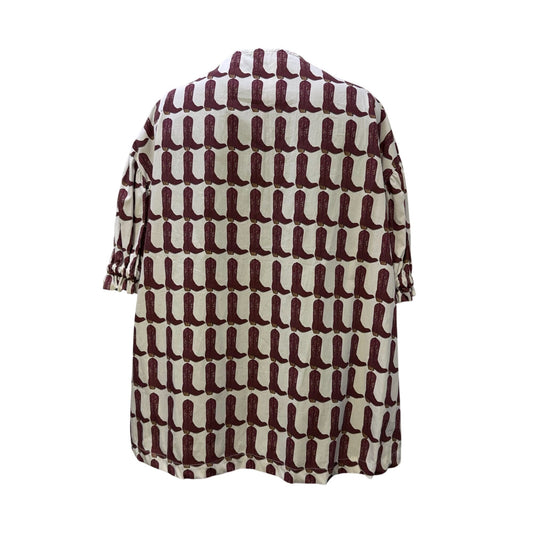 Brooke Wright Cowboy Boot Print Blouse White & Burgundy L/XL