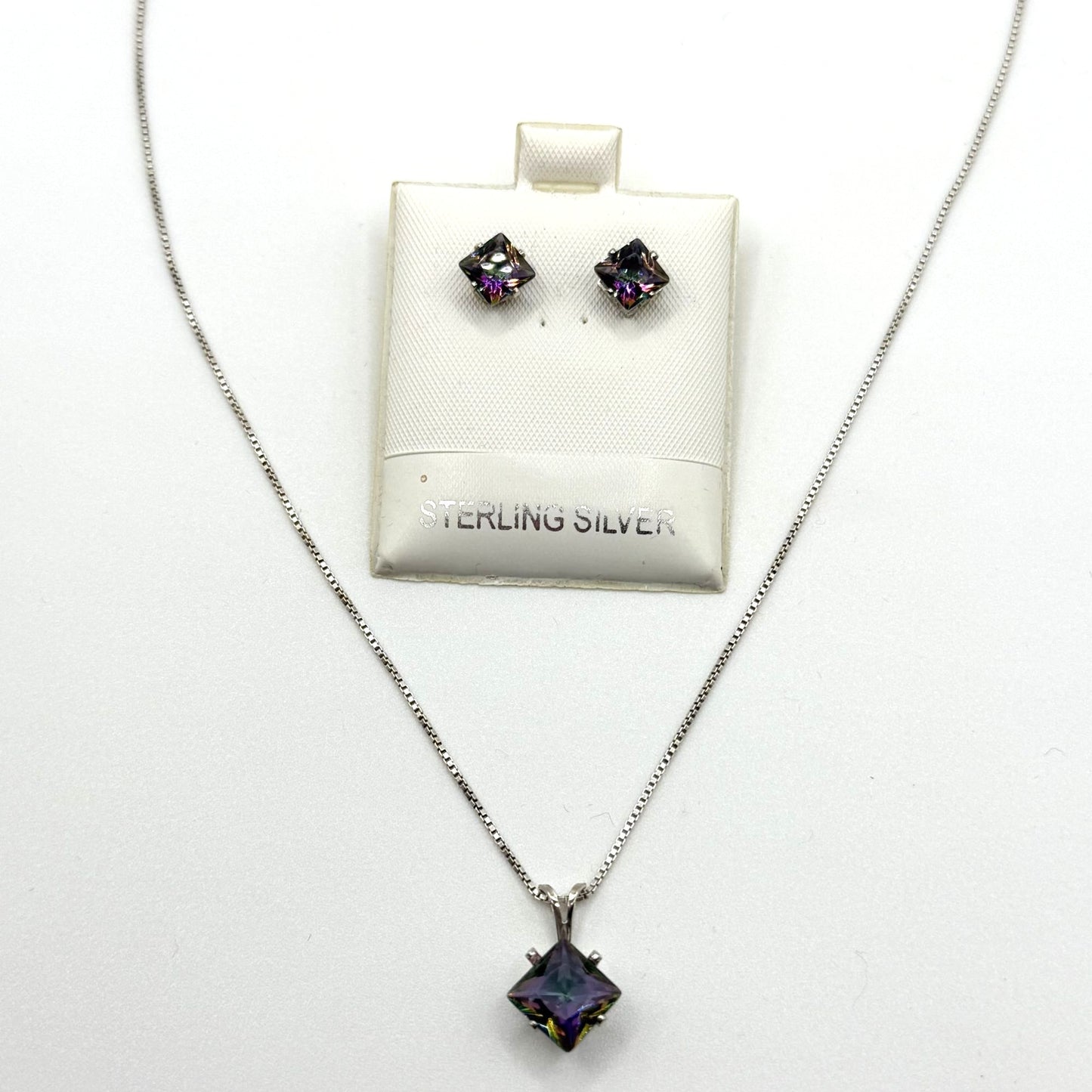 Sterling Silver Necklace & Earrings Set With Square Mystic Glass Pendant