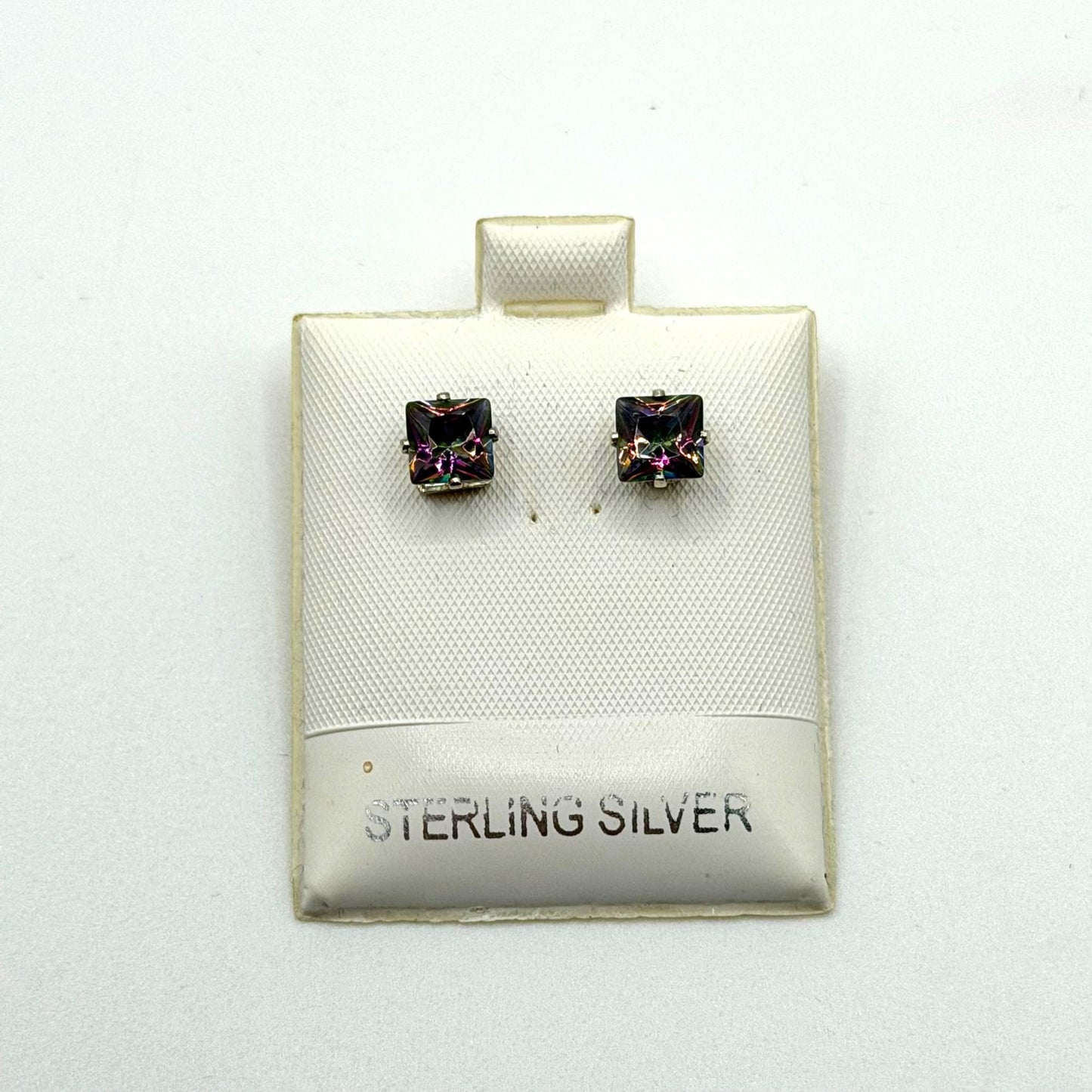 Sterling Silver Necklace & Earrings Set With Square Mystic Glass Pendant