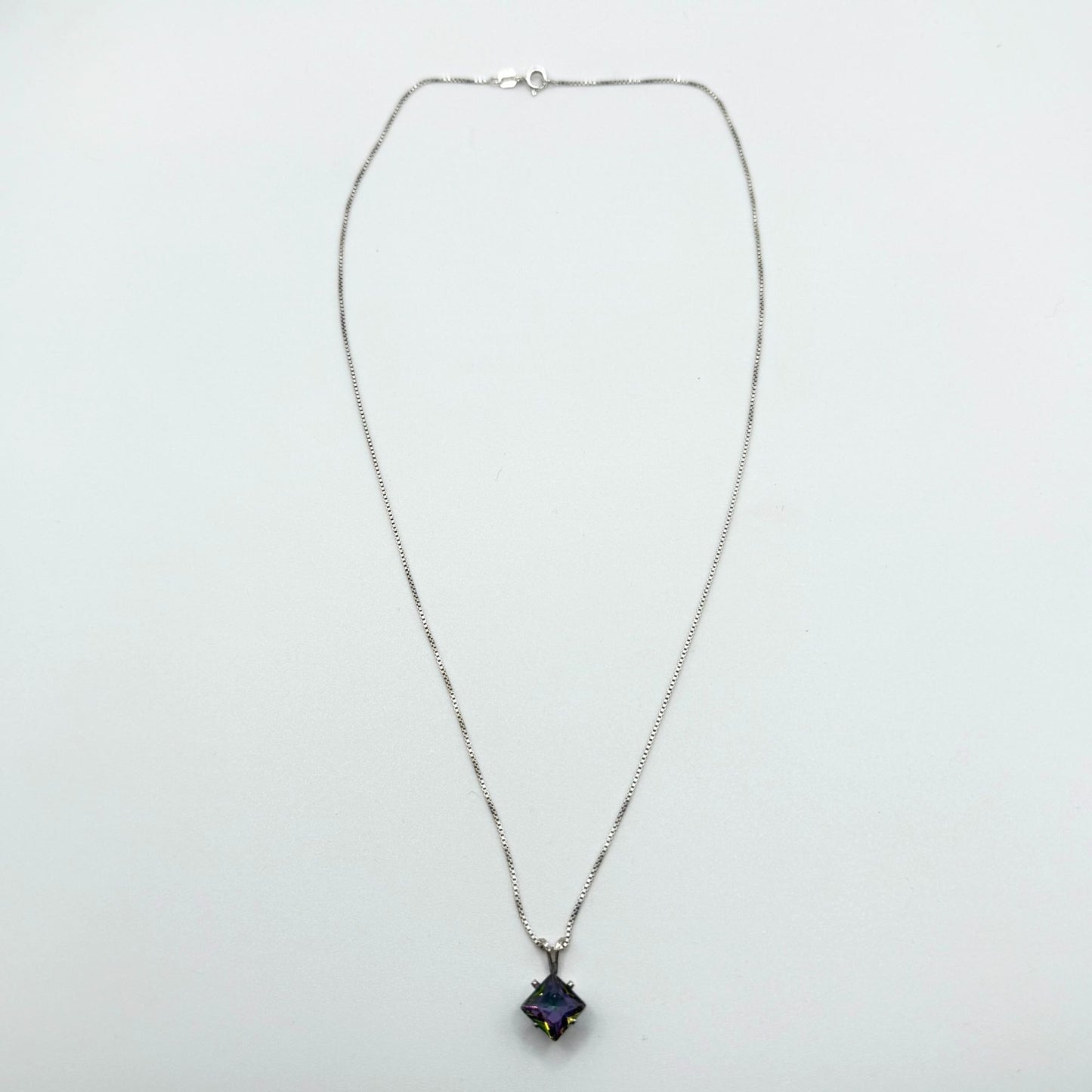 Sterling Silver Necklace & Earrings Set With Square Mystic Glass Pendant