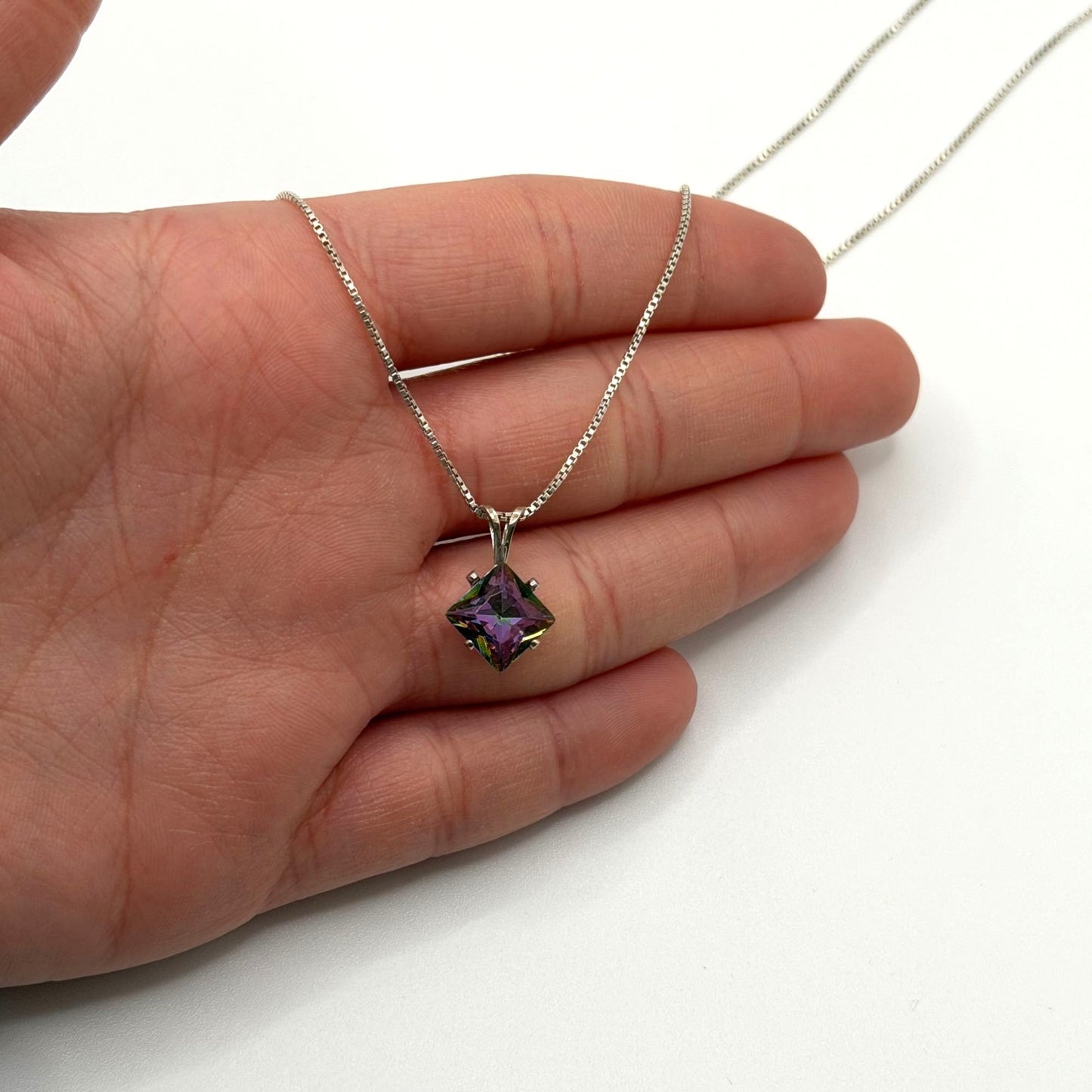 Sterling Silver Necklace & Earrings Set With Square Mystic Glass Pendant
