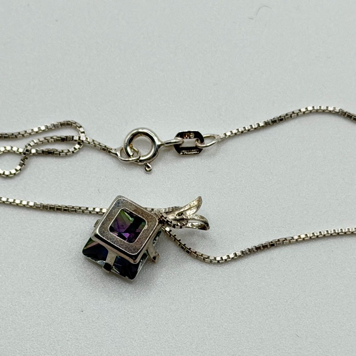 Sterling Silver Necklace & Earrings Set With Square Mystic Glass Pendant