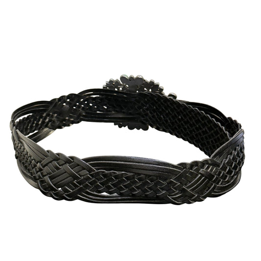 Double D Ranch Black Braided Leather Belt With Turquoise Stone Concho Buckle