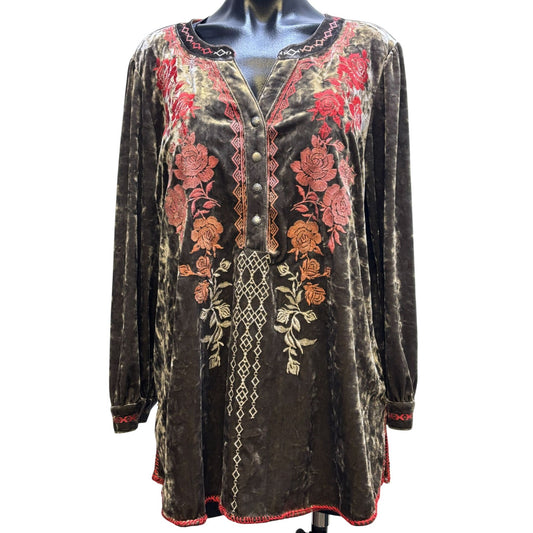 John Mark Embroidered Velvet Tunic Blouse Brown Long Sleeve L