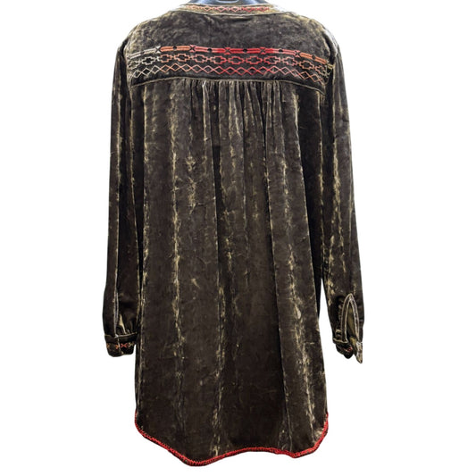 John Mark Embroidered Velvet Tunic Blouse Brown Long Sleeve L