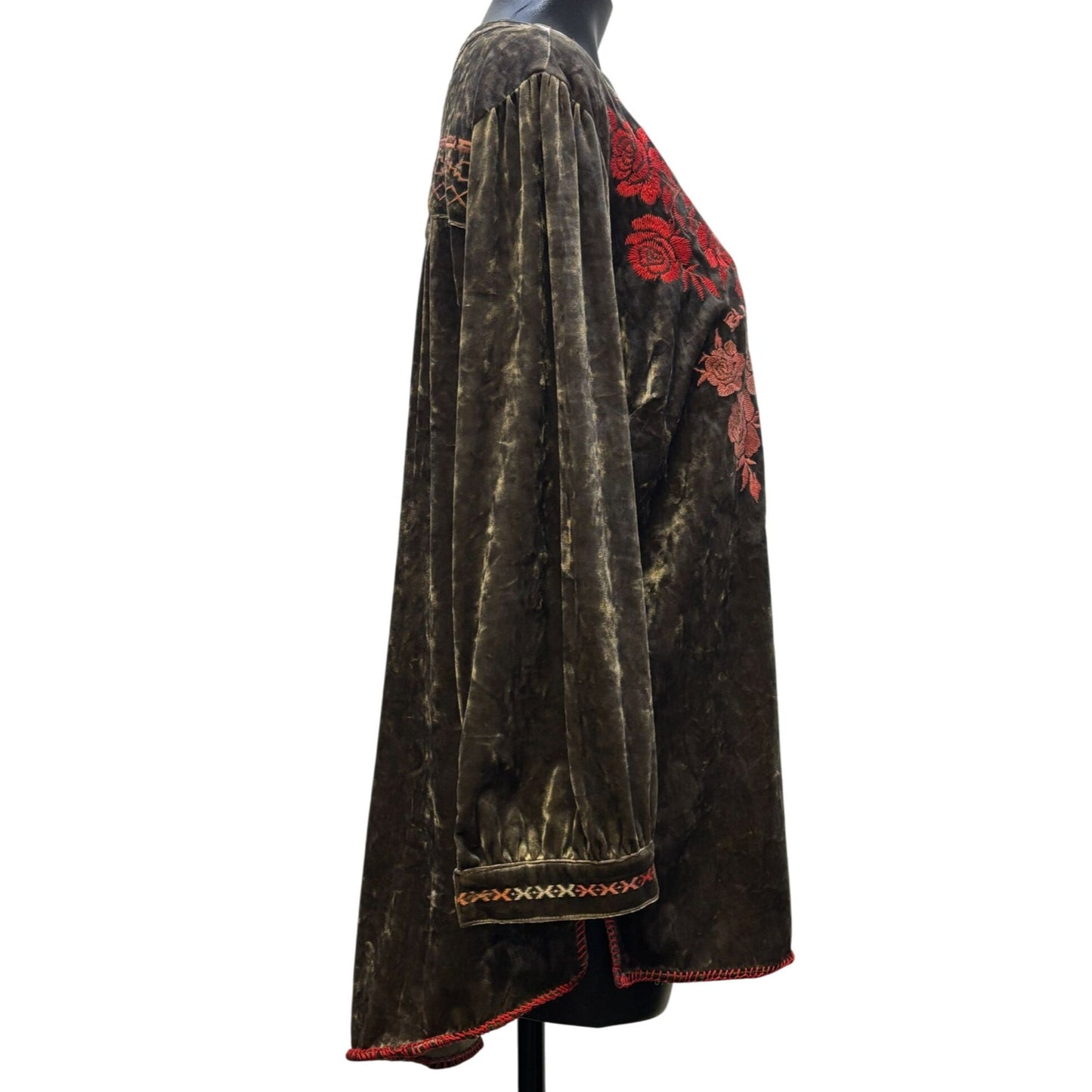 John Mark Embroidered Velvet Tunic Blouse Brown Long Sleeve L