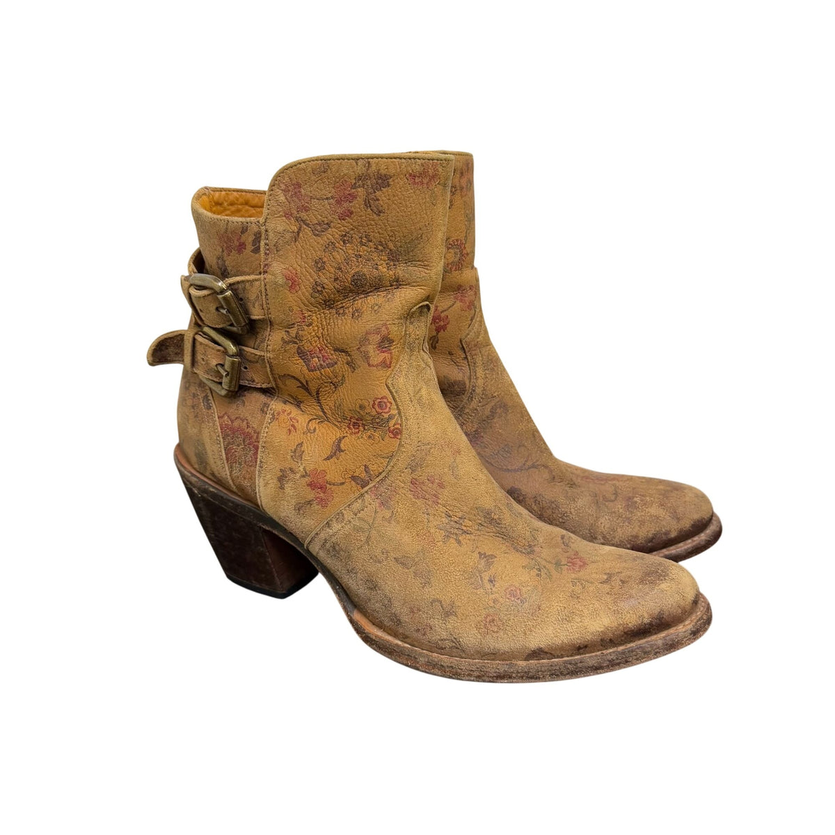 Lucchese Floral Print Tan Leather Ankle Boots With Buckle Straps 9