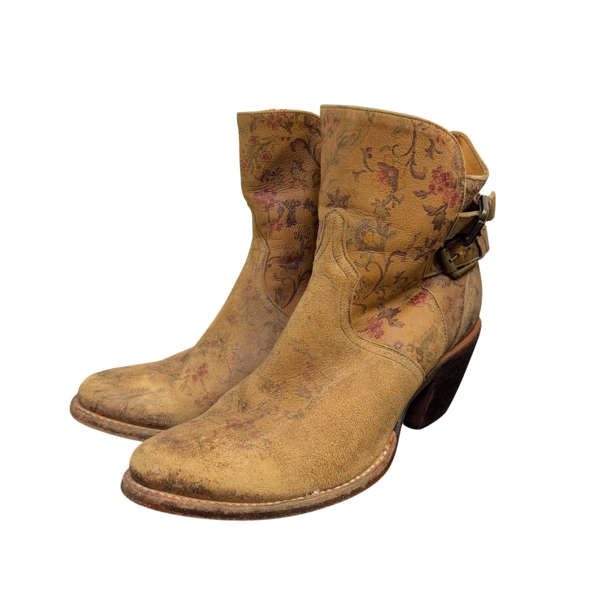 Lucchese Floral Print Tan Leather Ankle Boots With Buckle Straps 9