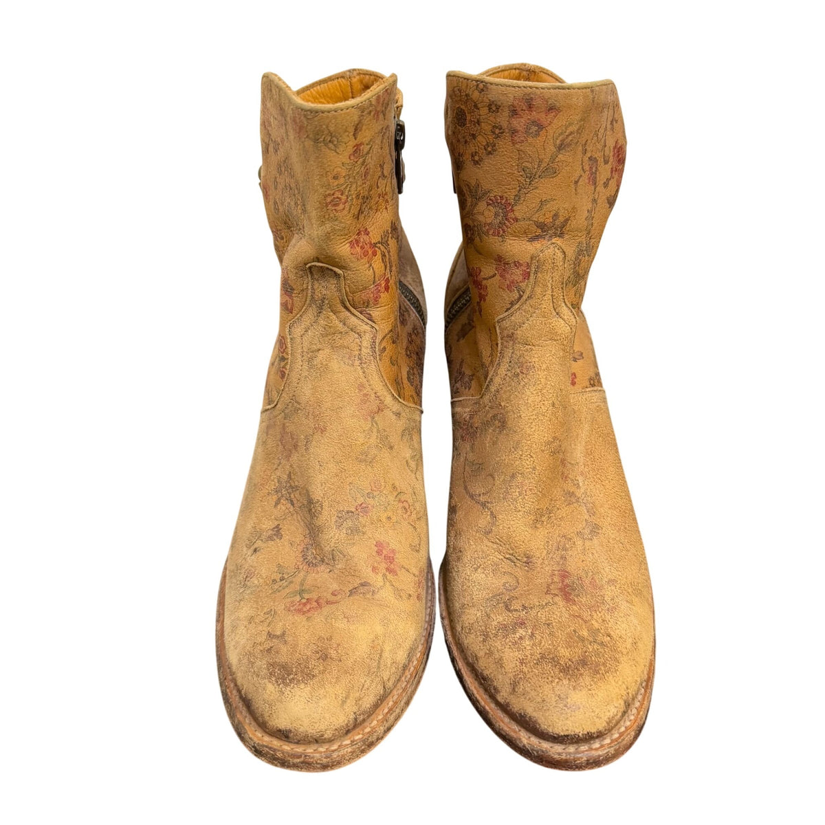 Lucchese Floral Print Tan Leather Ankle Boots With Buckle Straps 9