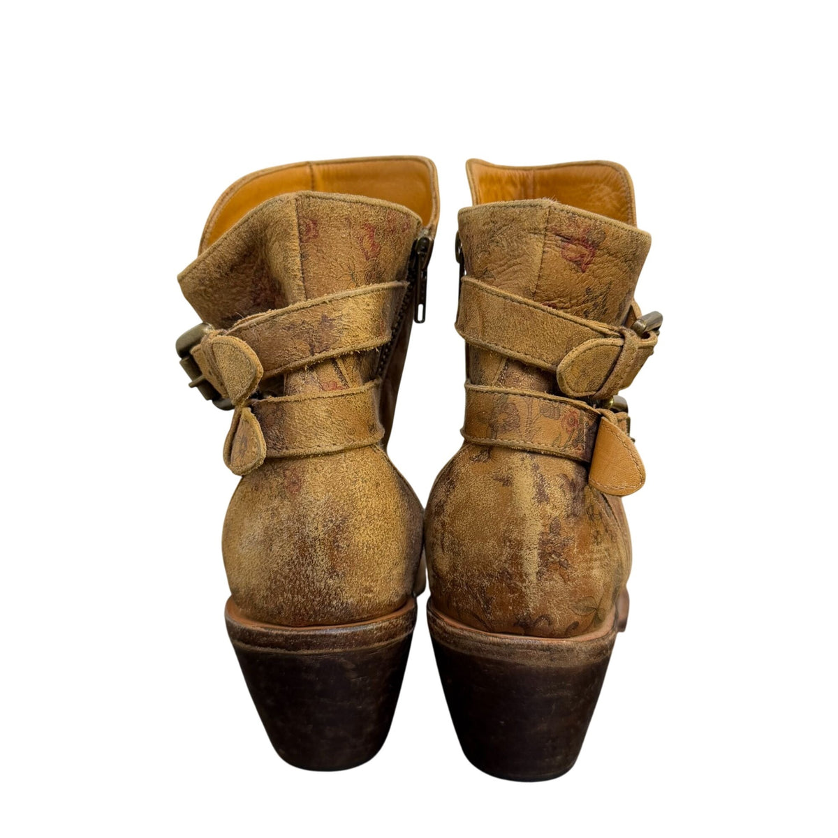 Lucchese Floral Print Tan Leather Ankle Boots With Buckle Straps 9