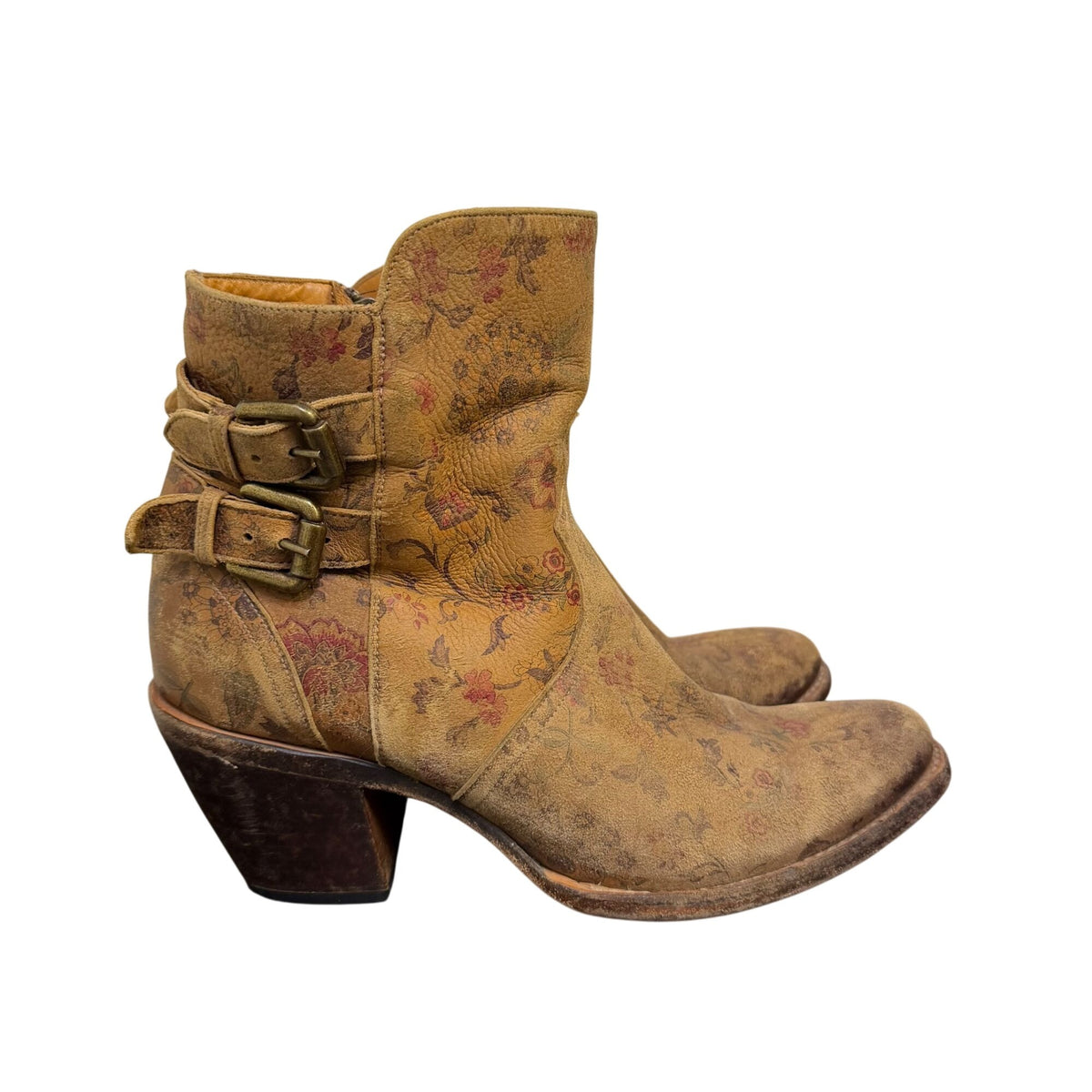 Lucchese Floral Print Tan Leather Ankle Boots With Buckle Straps 9