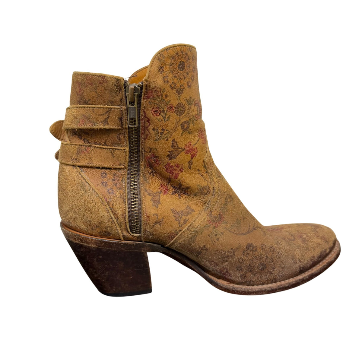 Lucchese Floral Print Tan Leather Ankle Boots With Buckle Straps 9